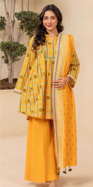 mustard yellow digital printed lawn suit with dupatta & dyed cambric trouser – stylish 3 piece women’s summer outfit