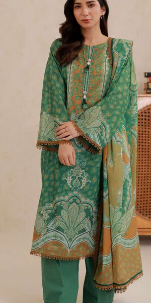 zellbury green digital printed lawn 3 piece suit – printed shirt, dupatta & dyed cambric trouser