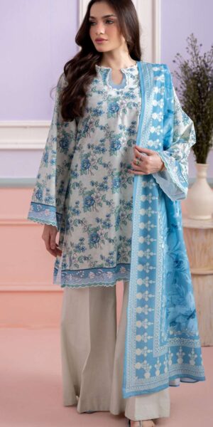 zellbury sky blue floral digital printed lawn suit 3 piece with dupatta & cambric trouser