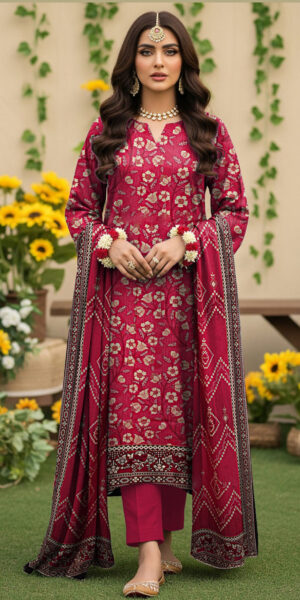 luxury maroon floral printed lawn 3 piece suit with dupatta & trouser – festive wear by blue berry
