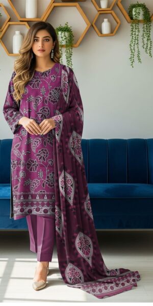 blue berry plum purple floral printed 3 piece lawn suit with elegant dupatta – trendy women summer outfit