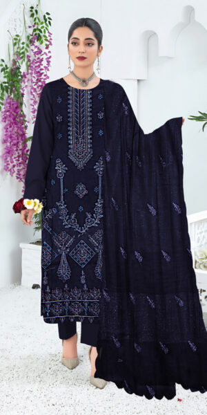 midnight blue embroidered lawn suit with dupatta – elegant women’s traditional wear by ht brand