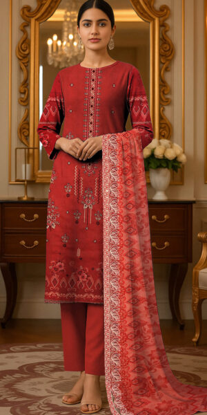 ht brand red printed lawn suit for women – elegant 3 piece ethnic dress with designer dupatta & trouser