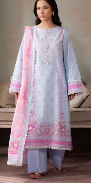 zellbury pastel blue & pink digital printed textured lawn suit 3 piece with dupatta & cambric trouser