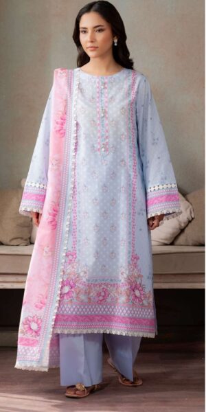 sky blue & pink digital printed textured lawn suit with dupatta & dyed cambric trouser – elegant 3 piece women’s outfit