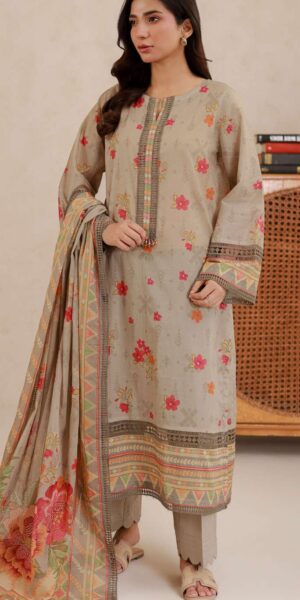 zellbury beige floral printed lawn 3 piece suit – digital print shirt, dupatta & dyed cambric trouser