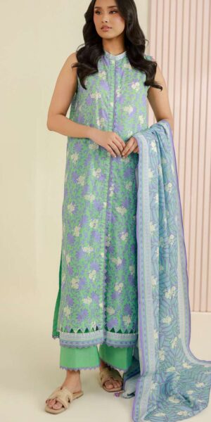 zellbury mint green & lavender floral digital printed lawn 3 piece suit with dupatta & cambric trouser