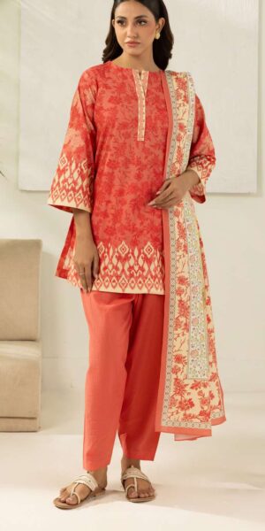 zellbury coral red digital printed slub lawn 3 piece suit – printed shirt, dupatta & dyed cambric trouser