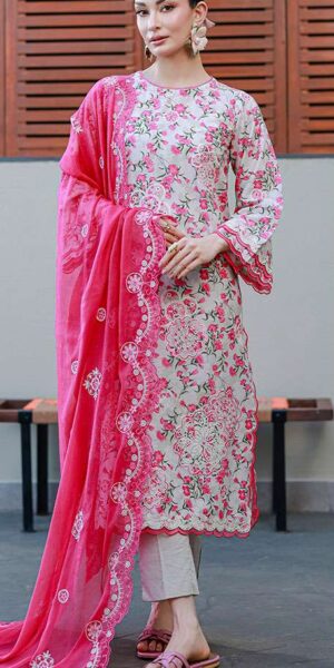 zellbury beige floral digital printed embroidered cotton lawn 3 piece suit with zari chiffon dupatta & dyed trouser