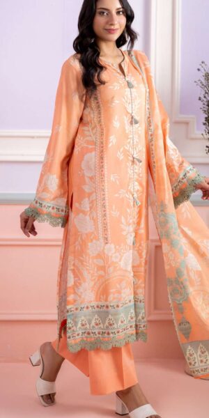 zellbury peach floral digital printed lawn suit with printed dupatta & dyed cambric trouser
