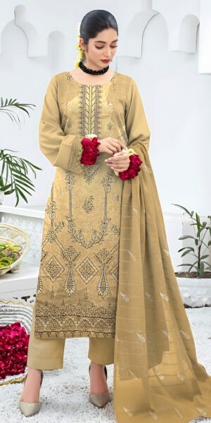 ht brand elegant mustard gold embroidered 3 piece unstitched suit with chiffon dupatta – traditional festive wear for women