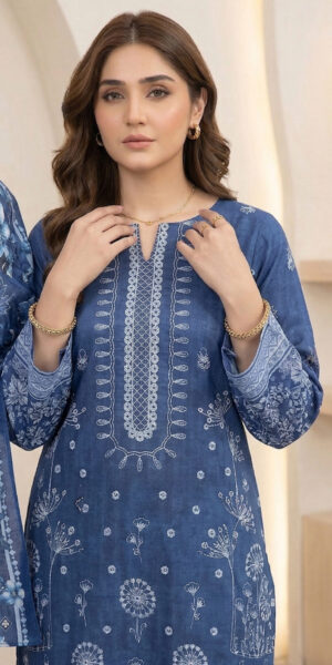 ht brand blue printed lawn suit with embroidered neckline & dupatta – elegant 3 piece women’s collection