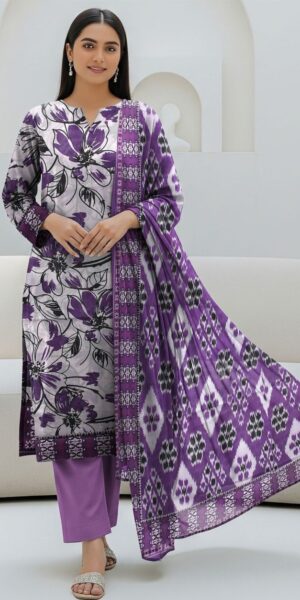blue berry purple floral printed 3 piece lawn suit with dupatta – elegant women’s ethnic wear