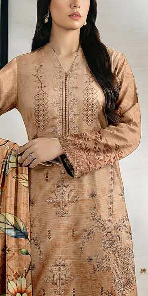 ht brand beige brown floral printed lawn suit with elegant dupatta – stylish women’s summer wear
