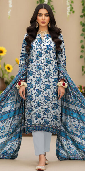 blue berry blue floral printed lawn 3 piece suit with dupatta & trouser – elegant summer wear for women