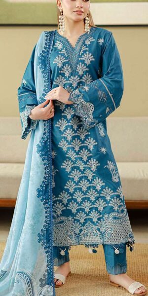 zellbury teal blue embroidered cotton lawn 3 piece suit with digital printed monar dupatta & dyed trouser