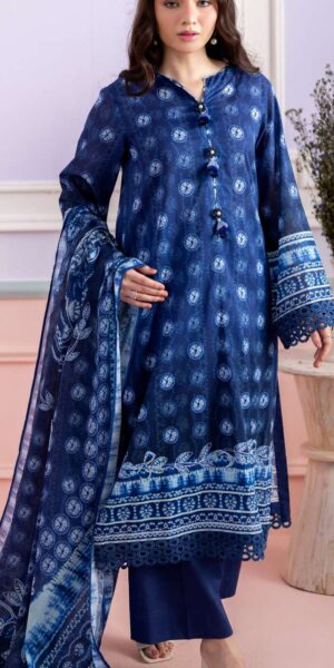 zellbury navy blue digital printed lawn suit with printed dupatta & dyed cambric trouser