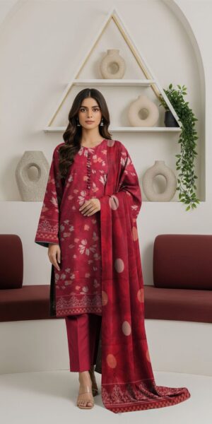 blue berry elegant red printed 3 piece lawn suit with dupatta – stylish women’s traditional wear