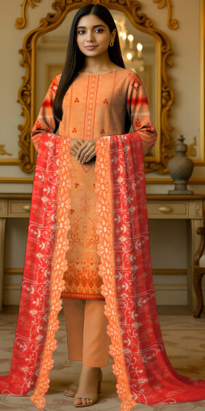 ht brand peach & coral printed lawn suit for women – elegant 3 piece summer dress with floral dupatta & trouser