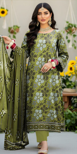 blue berry elegant olive green floral printed 3 piece lawn suit with dupatta – women’s summer collection