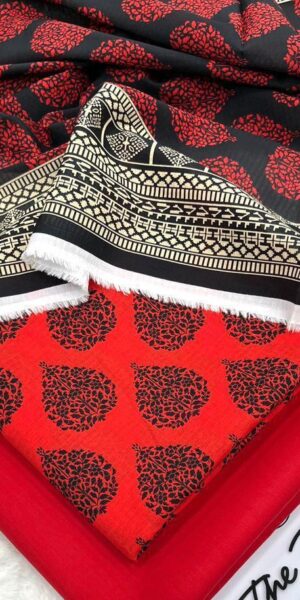 ib print red & black floral lawn suit for women – premium summer unstitched dress with printed dupatta