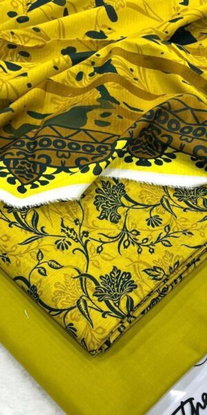 bright yellow floral printed lawn suit with dark green ethnic border & matching trouser | ib print summer collection