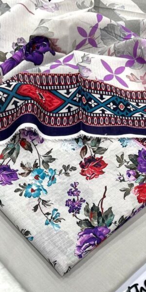 light grey floral printed lawn suit with multicolor ethnic border & matching trouser | ib print summer collection