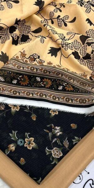 ib print mustard & black floral lawn 3 piece unstitched suit – elegant printed dupatta with contrast trouser