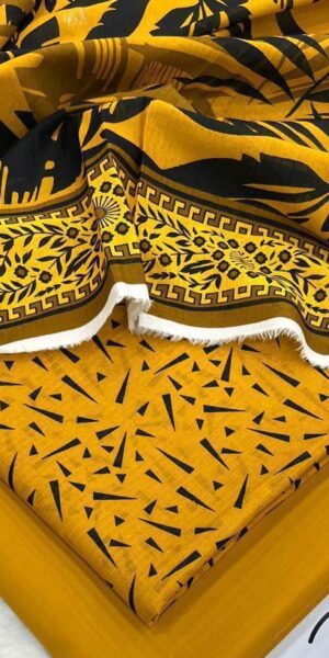 mustard yellow & black printed lawn suit with ethnic border & matching trouser | ib print summer collection