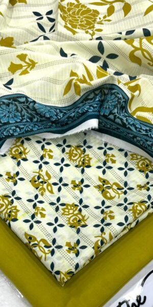 ib print premium mustard & teal floral printed lawn suit with dupatta – elegant summer wear