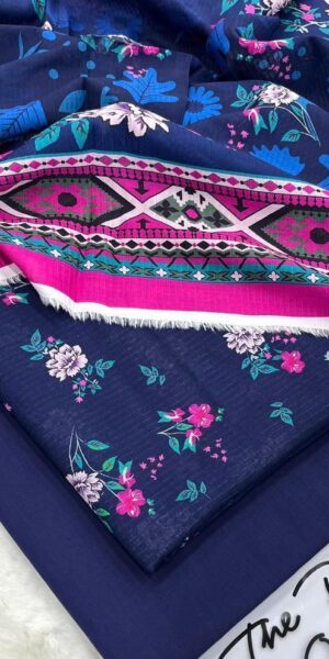 navy blue floral printed lawn suit with pink ethnic border & matching trouser | ib print summer collection