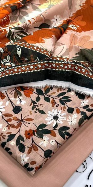 ib print elegant floral lawn 3 piece unstitched suit – peach & rust botanical print with dupatta