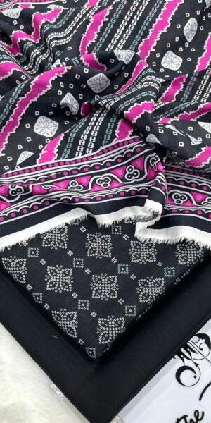 ib print black & pink geometric lawn suit for women – premium unstitched summer dress with printed dupattac