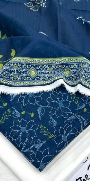 ib print navy blue floral lawn 3 piece unstitched suit – elegant printed dupatta with white trouser