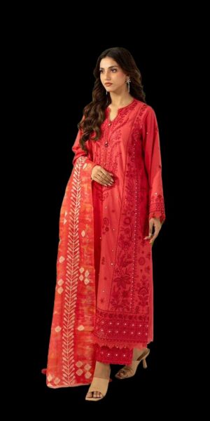zellbury red embroidered cambric suit for women – 3 piece dyed shirt with digital printed monar dupatta & trouser
