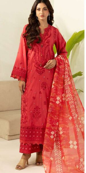 zellbury red embroidered cambric suit for women – 3 piece dyed shirt with digital printed monar dupatta & trouser