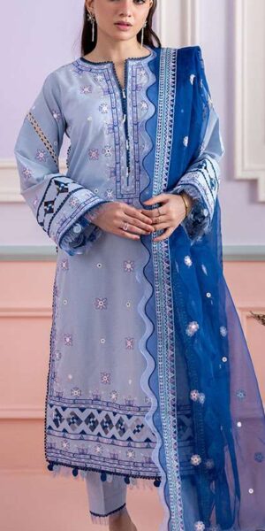 zellbury sky blue dyed embroidered lawn 3 piece suit with embroidered matt organza dupatta & cambric trouser
