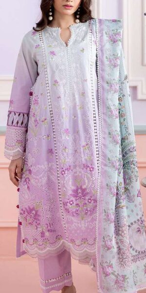 zellbury lavender digital printed embroidered lawn 3 piece suit with tissue silk dupatta & cambric trouser