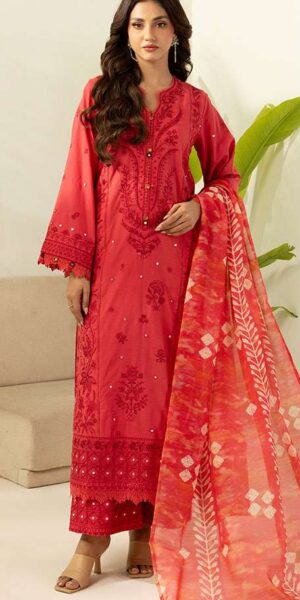 zellbury red dyed embroidered cambric 3 piece suit with digital printed monar dupatta & trouser