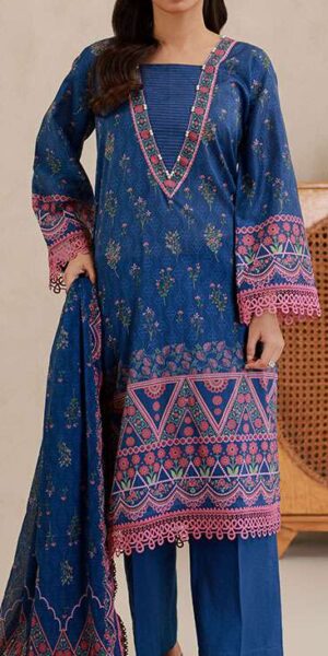 zellbury navy blue digital printed lawn suit with printed dupatta & dyed cambric trouser for women