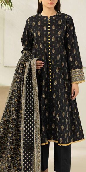 zellbury black digital printed lawn suit with printed lawn dupatta & dyed cambric trouser