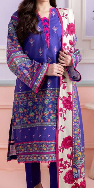 zellbury royal blue digital printed textured lawn suit with floral dupatta & dyed cambric trouser