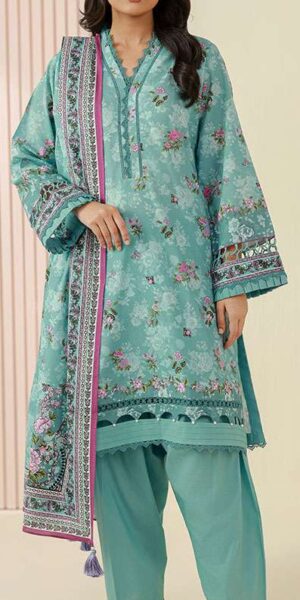 zellbury sea green digital printed lawn suit with printed denting dupatta & dyed cambric trouser