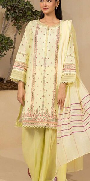 zellbury light yellow digital printed dobby lawn 3 piece suit with yarn dyed dupatta & dyed cambric trouser
