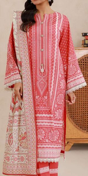 zellbury coral pink digital printed lawn suit with printed doria dupatta & dyed cambric trouser