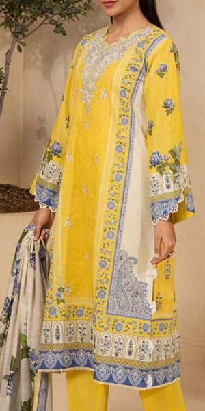 zellbury yellow digital printed embroidered lawn suit with printed dupatta & dyed trouser for women